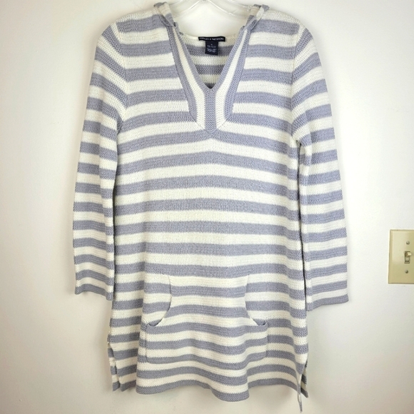 Chelsea & Theodore long gray white hoodie stripes sweater nautical cozy beach M - Picture 3 of 11